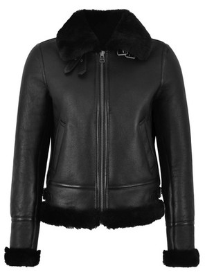 Damen B3 Lammfell Pelzjacke Bomber Flieger Pilot RAF schwarz / schwarz Felljacke