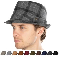 Men s Fedora Hat Vintage Wool Blend Short 6 3/4-7 1/8 Checkered Light Grey