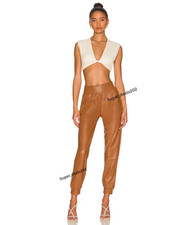Womens Tan Lambskin Leather Jogger Pants Slim Fit Formal Classic Trousers Style
