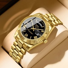 Men's Presidential Day Date Calendar Quartz Watch Stainless Steel Band