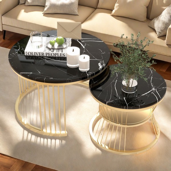 2Er - Couchtische Beistelltisch Wohnzimmer Rund Marmor Optik Satztisch Schwarz-image