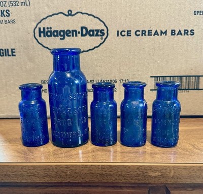 5 Antique 1920s Bromo Seltzer Emerson Drug Co Baltimore MD Cobalt Blue Bottles