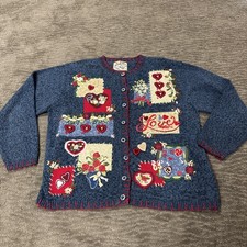 Heirloom Collectibles Sweater Women L Blue Cardigan Hearts Embroidered Read 