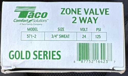 Taco Zone Valve 2 Way Gold Series 571-2 / 3/4" Sweat 24V 125 PSI