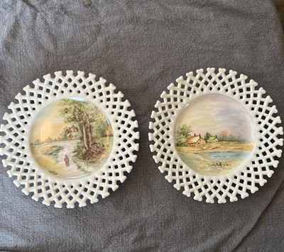 TWO Vintage Milk Glass Reticulated Edge Plate Hand Painted by Mable Meek