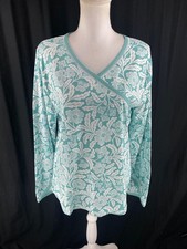Garnet Hill Womens M Asian Wrap Floral Green Long Sleeve Pajama Top Sleepwear