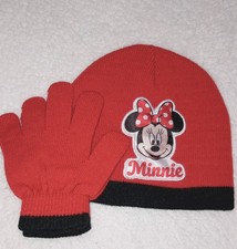 Disney Minnie Mouse Girls Red Black Beanie Hat Gloves Set Bow Acrylic Knit