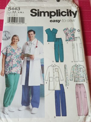 Simplicity Pattern 5443 Scrubs Top Pants Lab Coat Necktie Unisex S M L UNCUT 