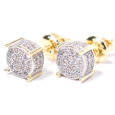 Men's Round Bullet 14k Gold Plated 4 Prong CZ Micro Pave Hip Hop Stud Earrings