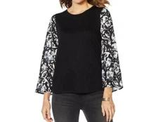 DG2 by Diane Gilman Women Mixed Media Printed-Sleeve Solid Top Black Small Size 