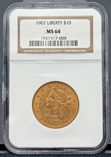 1907 P $10 Uncirculated Liberty Head Gold Eagle, NGC MS 64, Last Year of Liberty