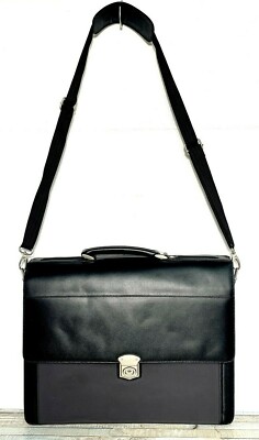 Vanguard BLACK LEATHER CANVAS FLAP LAPTOP SHOULDER BAG ORGANIZER BRIEFCASE