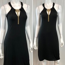 Sele Medium Black Rhinestone Gold Necklace Stretchy Vintage 90s USA Shift Dress