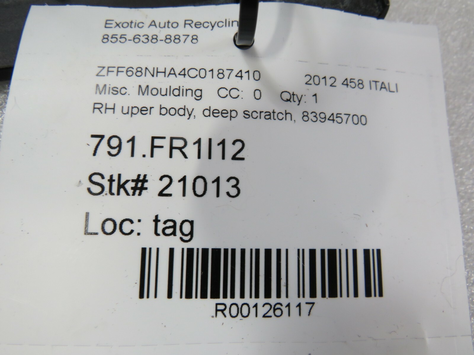 Ferrari 458 Italia, Spider, RH, Right, Upper Body Moulding, Used, P/N 83945700