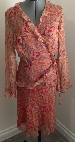 VTG I C E 2pc dress silk P L orange gold paisley wrap top lined ruffles v neck