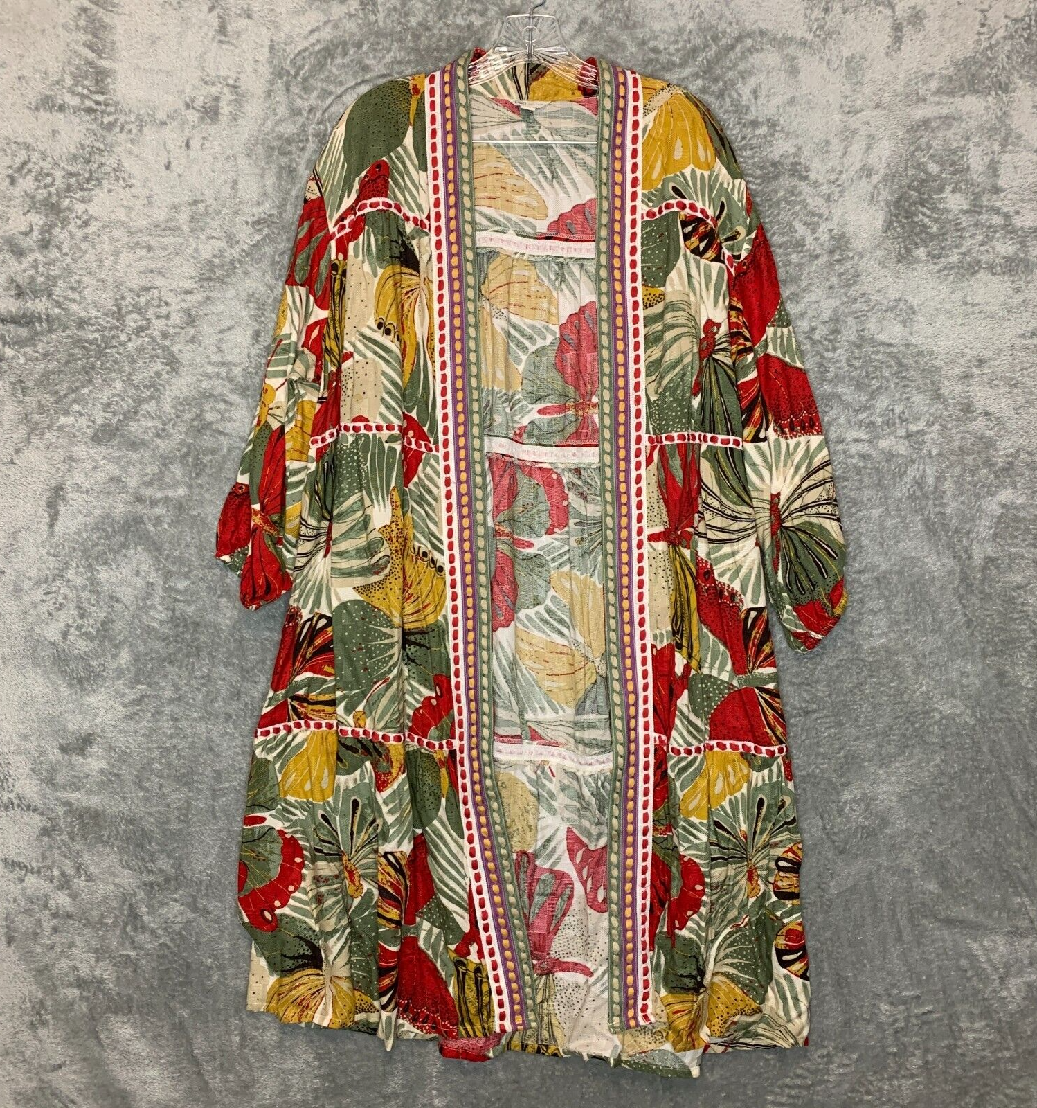 Cato Women Boho Hippie Butterfly Embroidered Tiered Open Front Kimono Duster XL