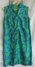Vintage handmade floral silk Dress green and blue knee length sleeveless S/M