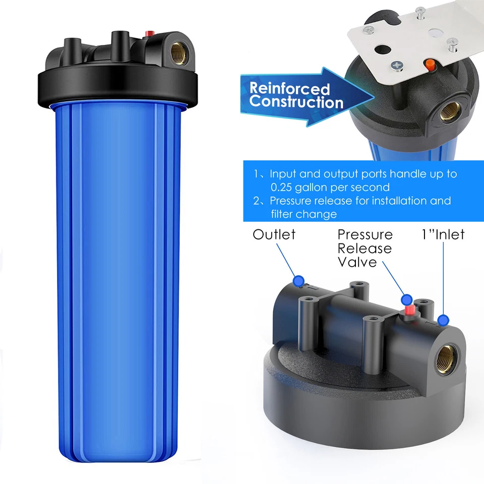 2Pack 20" x 4.5" Big Blue Water Filter Housing For Whole House - 1" Outlet/Inlet - Image 3 of 4
