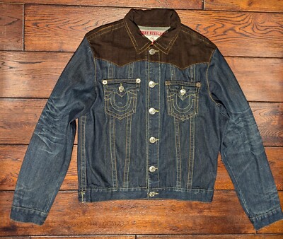 True Religion Men's Jimmy Super T Denim Jean Jacket w/ Brown True Religion Men's Jimmy Super T Denim Jean Jacket w/ Brown