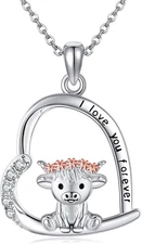 Forever Love Highland Cow Heart Pendant Necklace for Women Sterling Silver Gifts