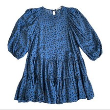 Zara Blue Animal Print Mini Tiered Swing Dress XS Casual Autumn Layering