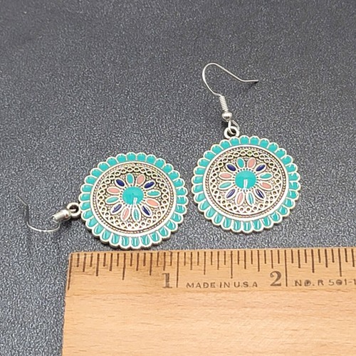 Pierced Earrings Silver tone Enamel Medallion Round Dangle Multicolor 1" - Picture 2 of 12