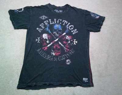 Affliction Motors T Shirt Mens 2XL XXL Black American Flag Double Sided Fits XL
