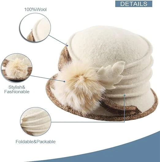 Sombrero cubo de fieltro vintage de lana floral para mujer Sombreros de invierno Foto 3 de 4