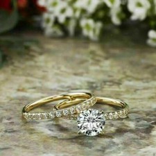 2Ct Round Cut Simulated Diamond Wedding Bridal Ring Set 14K Yellow Gold Plated