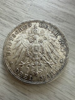 1911 F 3 Mark Württemberg Estados Alemanes Plata .900 Lote 3296