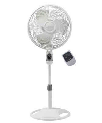 Lasko Pedestal Fan Remote Control 16'' White 3-Speed Oscillating Timer Adjustable