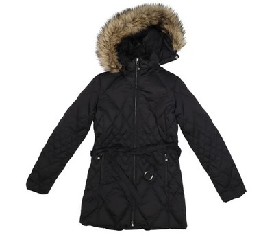 Eddie Bauer Coat Womens XS Black Quilted Down Parka Faux Fur Hood Belted