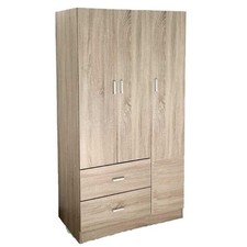 ARMADIO LEGNO 3 ANTE, CASSETTI, RIPIANI, APPENDIABITI, ROVERE 120x52x190 cm