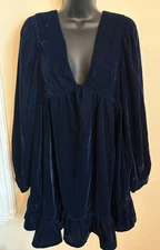 Free People Estella Velvet Mini Dress Oceana Blue Long Sleeve Ruffle Hem XS