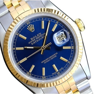 Rolex Mens Datejust Watch Two-Tone Blue Index Dial 18KY Fluted Jubilee Band 36mm