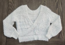 Urban Outfitters Brushed Knit Deep V-Neck Sweater Ivory heathered blue Fuzzy Med