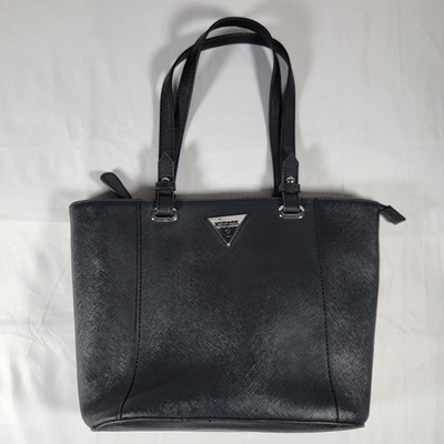 GUESS Black Tote Bag Saffiano Textured Faux Leather Shoulder Purse Large Zip Top