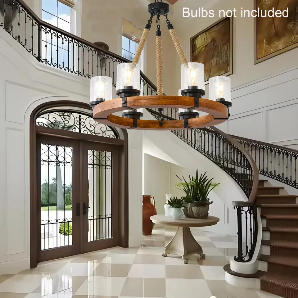 Lámpara de araña de madera para rueda de vagón de 6 luces con vidrio sembrado... Foto 3 de 4