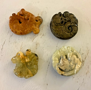 VTG Chinese 4 Old Jade / AGATE Hand Carved Monkey RIDING DRAGONS AMULET PENDANTS