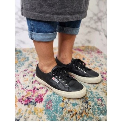 Superga Italian Unisex NAPPA Black & White Leather Lace Up Sneaker W-6 M-4.5