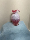 Vtg 3.5” Fenton Cranberry Opalescent Hobnail Glass Vase - Ruffled Top