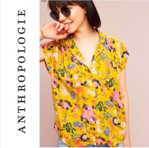 👚 Anthropologie Maeve Yellow Multi Color Raffine Boho Floral Print Top~ M M3020