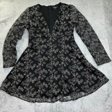 Lulus Black Metallic Floral Lace Dress Women’s Large Long Sleeve Fit & Flare