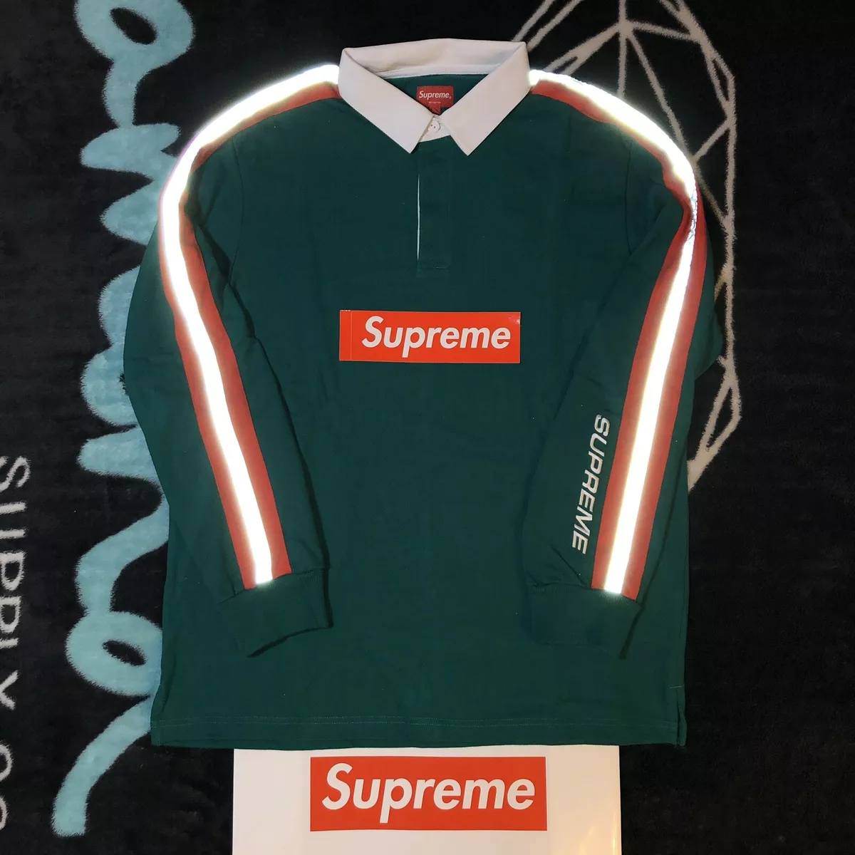 SUPREME REFLECTIVE SLEEVE STRIPE RUGBY (LARGE) (GREEN) SS18 BANDANA BOX  LOGO TEE