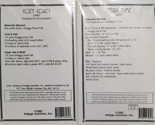 Indygo Junction Cozy Coats & Teddy Time Lot Of 2 18" American Doll Patterns - Picture 2 of 2