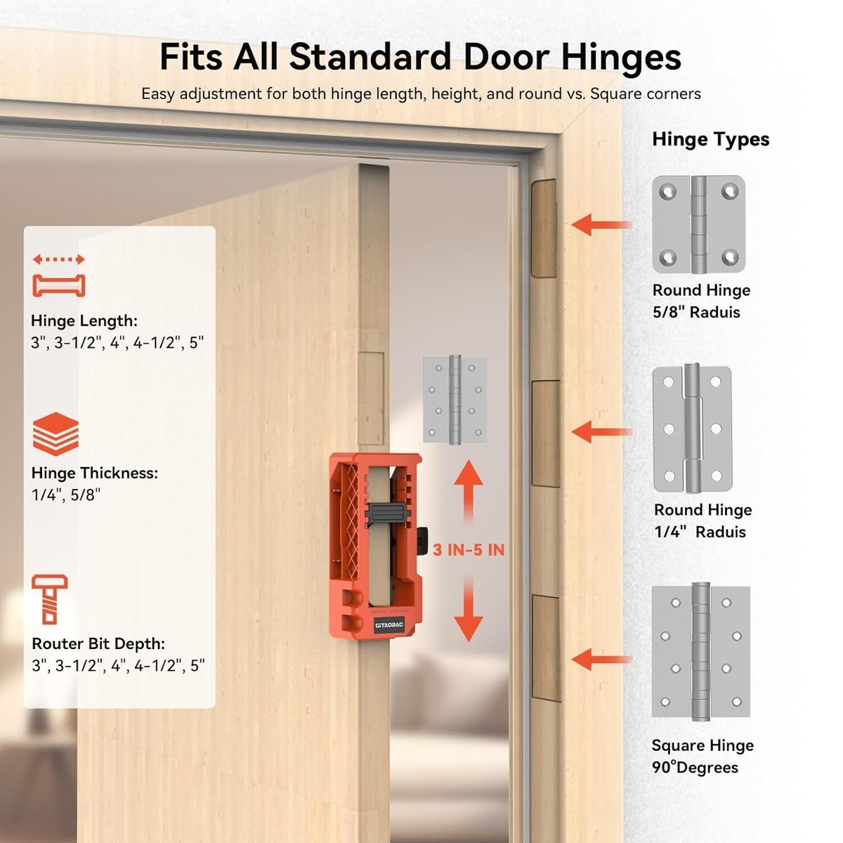Door Hinge Router Template Jig - Fits 3" To 5" Hinges With 1/4" Or 5/8" Thickness
