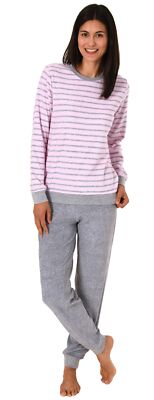 Normann Damen Frottee-Schlafanzug Mit Bündchen – Warmer Langarm-Pyjama In Streifen-Optik (auch Übergrößen)