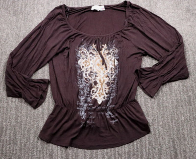 Jody California Studded Rhinestone Hippie Blouse Ruffle Waist USA Made Women's L