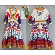Farm Rio Maxi Dress Vivid Garden White Floral Parrot Resort Boho Size Large NWT