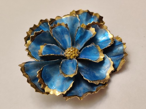 Vintage Large Layered 1950’s Enamel Flower Brooch Pin Turqoise Blue POP MOD